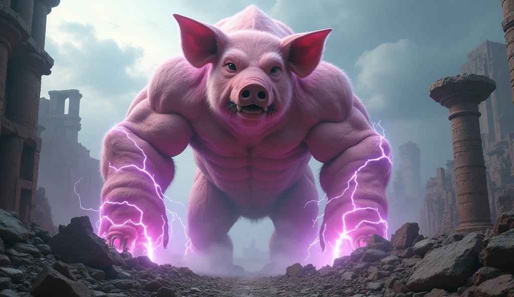 a giant pink electric pig monster in a war-torn ancient city, 50m tall, in a mythical world, (best quality,4k,8k,highres,masterpiece:1.2),ultra-detailed,(realistic,photorealistic,photo-realistic:1.37),extremely detailed eyes and face,longeyelashes,muscular body,fearsome expression,electricity arcing across its body,crumbling ruins,destroyed cityscape,ominous cloudy sky,dramatic lighting