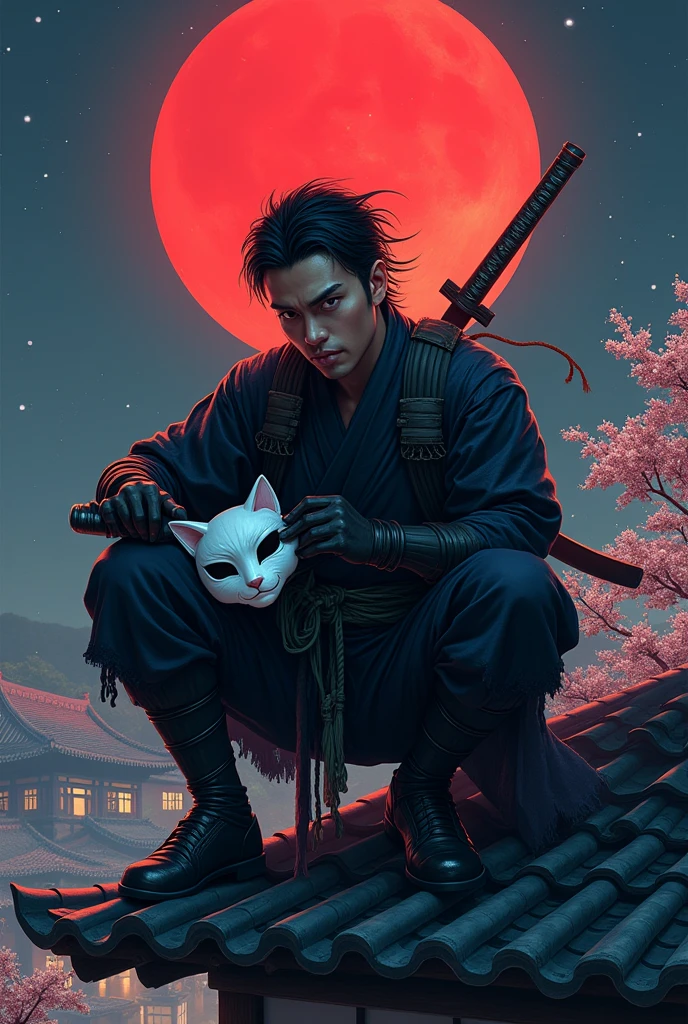 
The action of a 30 year old Indonesian man, black hair combed back, sitting squatting on the edge of the roof of a Japanese house, holding a white

cat-shaped mask, wearing a ninja costume, there is a blood stain effect on the costume. wearing iron armor complete with a large rope tied around his waist, long black trousers and tabi, there is a samurai sword placed on his back. his gaze is very sharp, the night atmosphere with the background of a large, bright red full moon adds to the drama of his narrative. atmosphere, flowers and cherry trees at night, hair blowing in the wind, cold, realistic details of a cold night scene realistic details of a cold night scene in a Japanese city