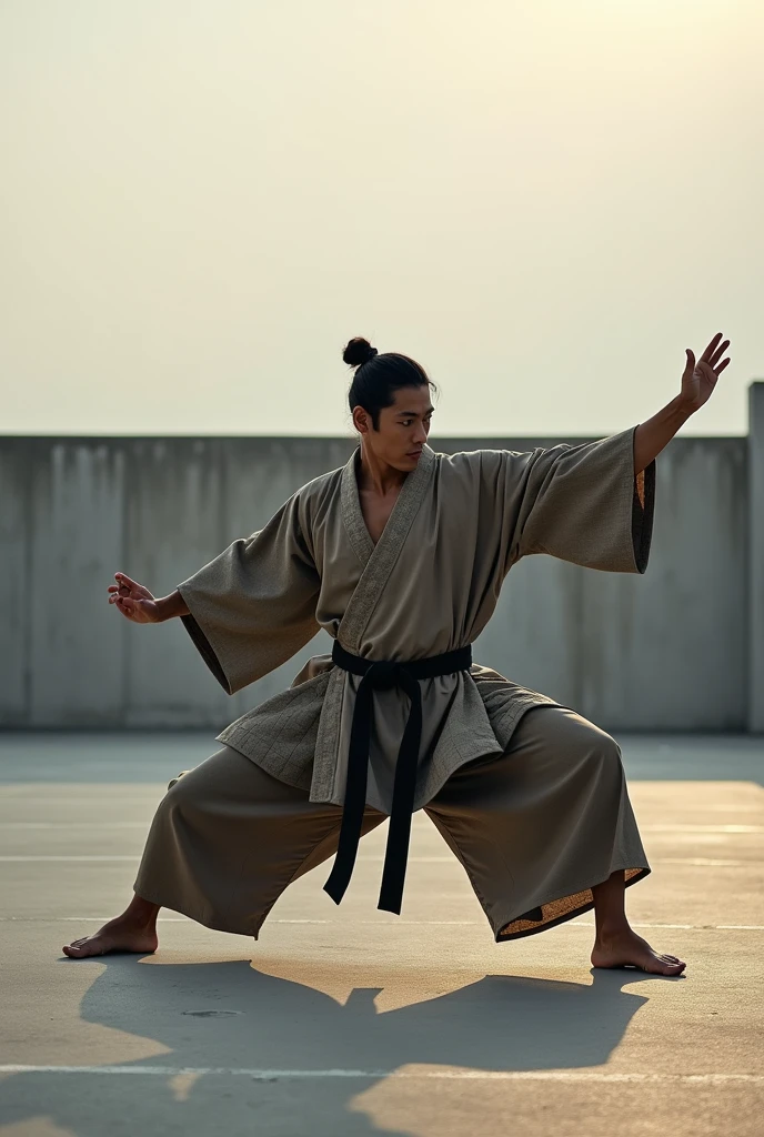 japanese man wearing a kariginu kimono doing a karate pose on an empty parking lot