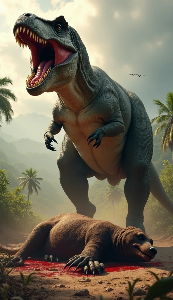 A realistic powerful, muscular trex stands triumphantly on a amajon jungle, with one massive paw resting on the lifeless body of a bear. The trex's skin is rugged and textured , with hints of battle scars. The bear lies sprawled on the dusty jungle ground,and stained with dirt, the bear eyes closed in death and the trex mouth full of red color blood. The trex's mouth is open in a fierce roar, showcasing its dominance. The background is a vast, jungle landscape, with sparse vegetation, distant acacia trees, and a cloudy sunset casting long shadows on the ground
