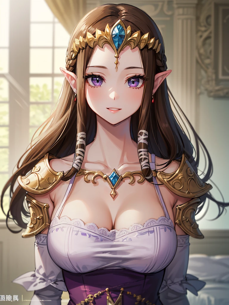 (((Face close-up))),((((Her hair is fluttering))))),(Expressionless),((((((Exposed shoulders)))))),((((Upper Body)))),((alone)),((side angle))),Anime art style,masterpiece,(Highest quality), (Super detailed),(Very delicate and beautiful),(((((Beautiful glossy lips))))),(detailedな顔と目),Beautiful eyes like jewels,(A truly gorgeous jeweled ruffled rococo ball gown dress),(((Mature Woman,Queen))),((1 Queen in a beautiful embroidery and jeweled absolutely gorgeous rococo ballgown dress with voluminous full length hoop skirt)),((crinoline)),,((Straight hair galore,Very long straight hair with plenty of volume,Super long straight hair)),,Cleavage,(bed),length_gloves,Very gorgeous hair accessories、((((front)))),((((Adult Expressions)))),((((Beautiful Face)))),((((dress)))),((Overhead Shot)),(((Long Hair)))),((((Straight hair)))),((Cleavage)),((((Dark brown hair)))),Princess Zelda,((chest is slightly exposed)), ((Highest quality)),,(Very detailed) ,((Purple Blouse)),((())),Brown Hair,(()),, ((Highest quality)), (Very detailed),((detailed)),(((smile))),Nintendo, The Legend of Zelda),,((alone)), ((Highest quality)), (Very detailed), ,
