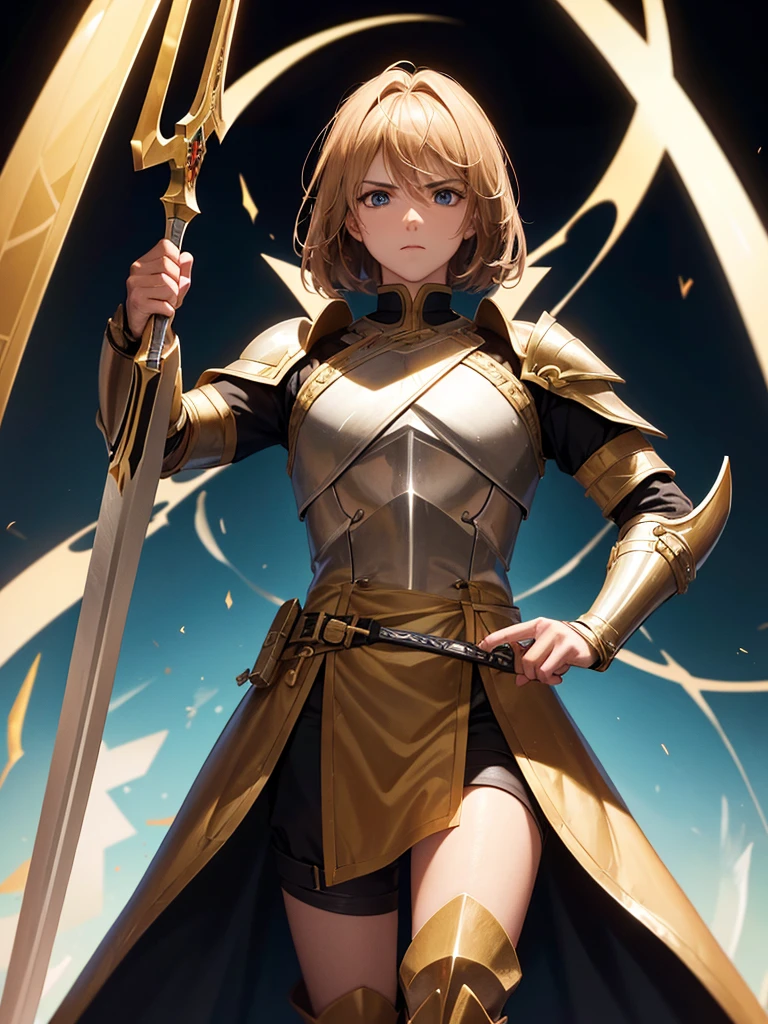 Worrier of christ chrused Worrier standing with raging sword cross on his armor golden bright killer looks 