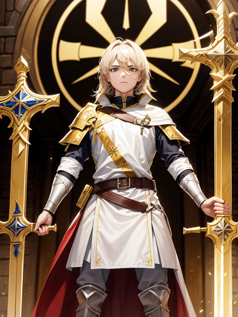 Worrier of christ chrused Worrier standing with raging sword cross on his armor golden bright killer looks