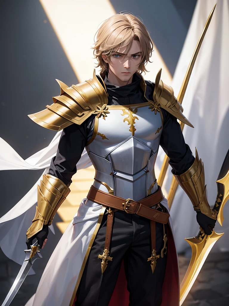 Worrier of christ chrused Worrier standing with raging sword cross on his armor golden bright killer looks