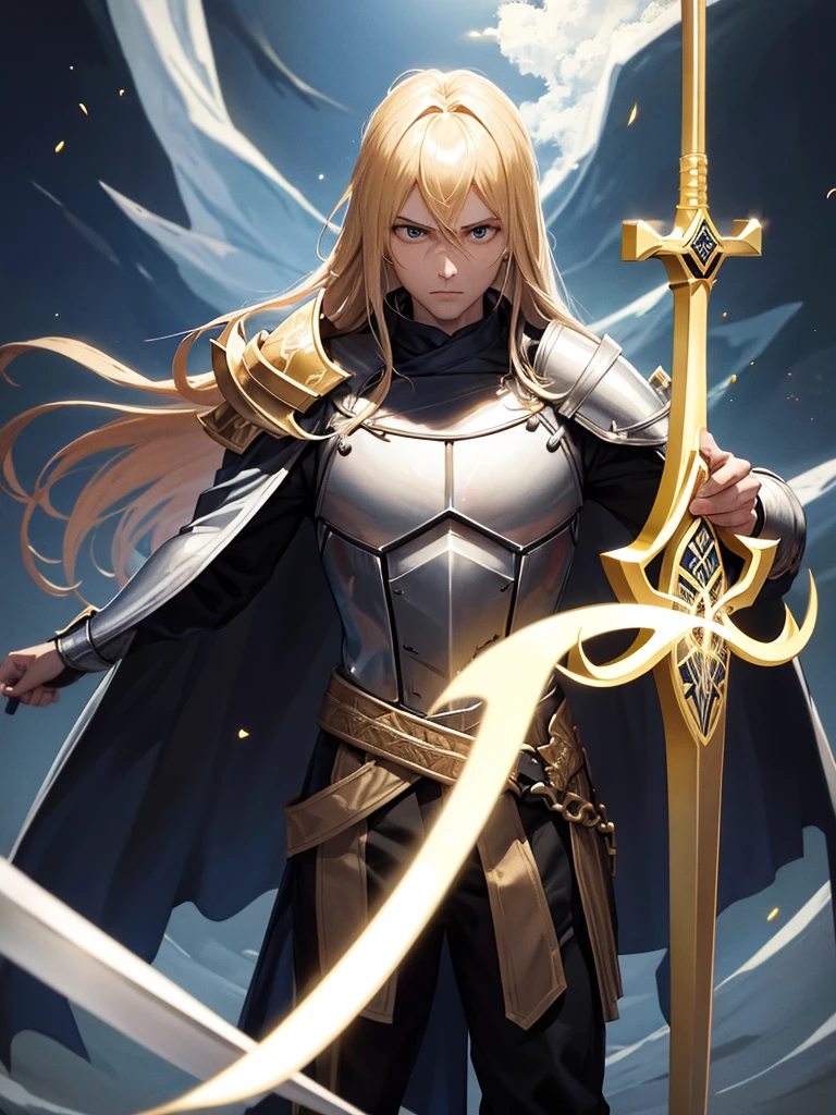 Worrier of christ chrused Worrier standing with raging sword cross on his armor golden bright killer looks