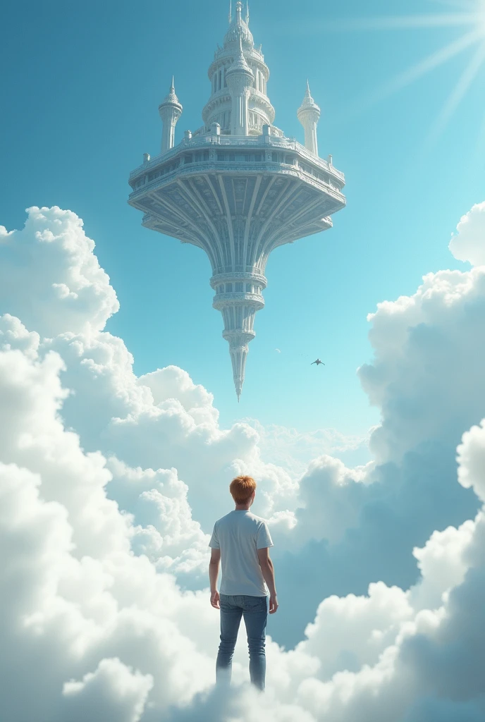 A cinematic medium shot of a man with reddish-blonde hair wearing a t-shirt and jeans. He is standing knee-deep in clouds, between fluffy white clouds and looking at a magnificent fantasy city with intricate details. The city is floating in the air above the clouds, with small defensive towers flying around it. The background is a clear blue sky. The city has a heptagonal shape, with corner towers connected to the central part by galleries and passages. The city's design is strict yet graceful, combining futuristic and traditional architectural elements. It soars high in the sky in the air far away. The city has a fantasy look with a futuristic twist, and the flying towers serve as defense structures.