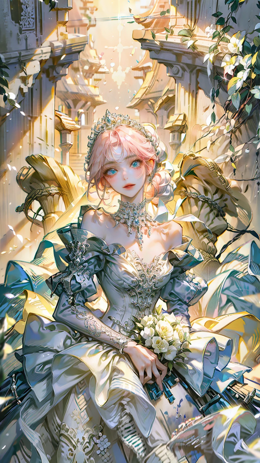 ((best quality)), ((masterpiece)), ((Romance Fantasy)), ((illustration)), (detailed), (clear), (Perfect), 1 woman, mature, pure, Smiling, Long pink hair tied up in a ponytail, With bangs, blue eyes, abundant eyelashes, Deep double eyelids, pretty lips, big bust, small waist, lush white wedding dress, diamond tiara, Veils, holding a white bouquet, Standing in an elegant posture, A sideways glance