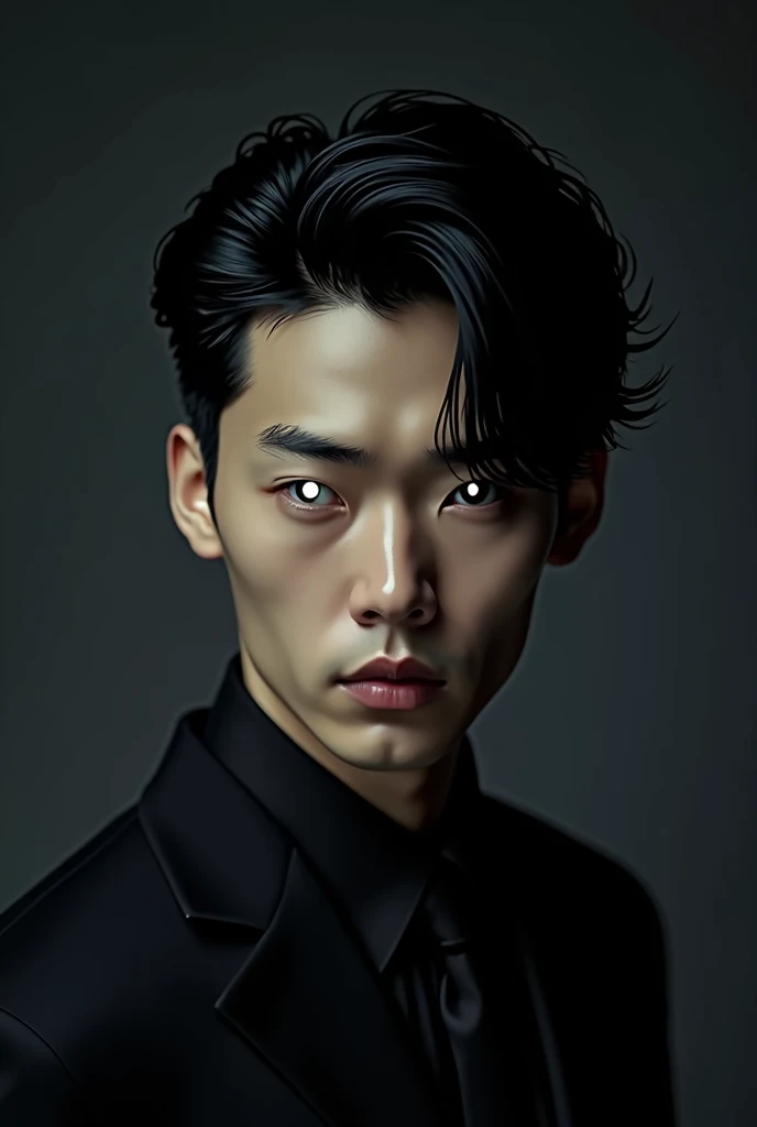 solo, Black Hair, all back,Korean Man,Slim and muscular,Slanted Eyes, Three white eyes,No background,Black Suit