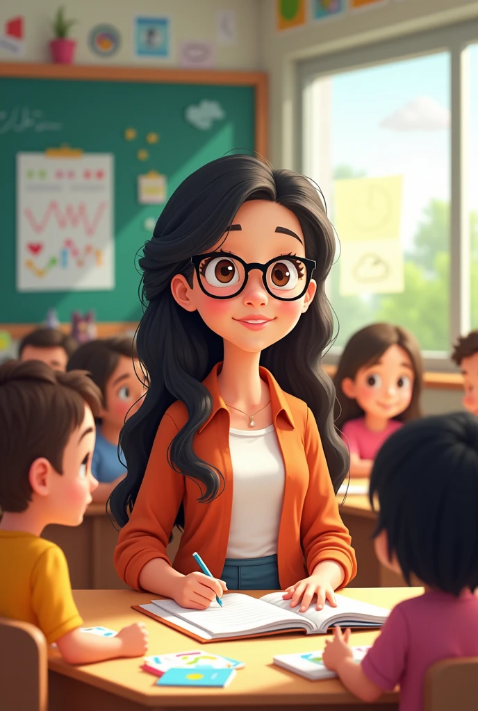 A black-haired female teacher, clear skin, Brown eyes, black plastic glasses, young, loose hair, animation type, with students