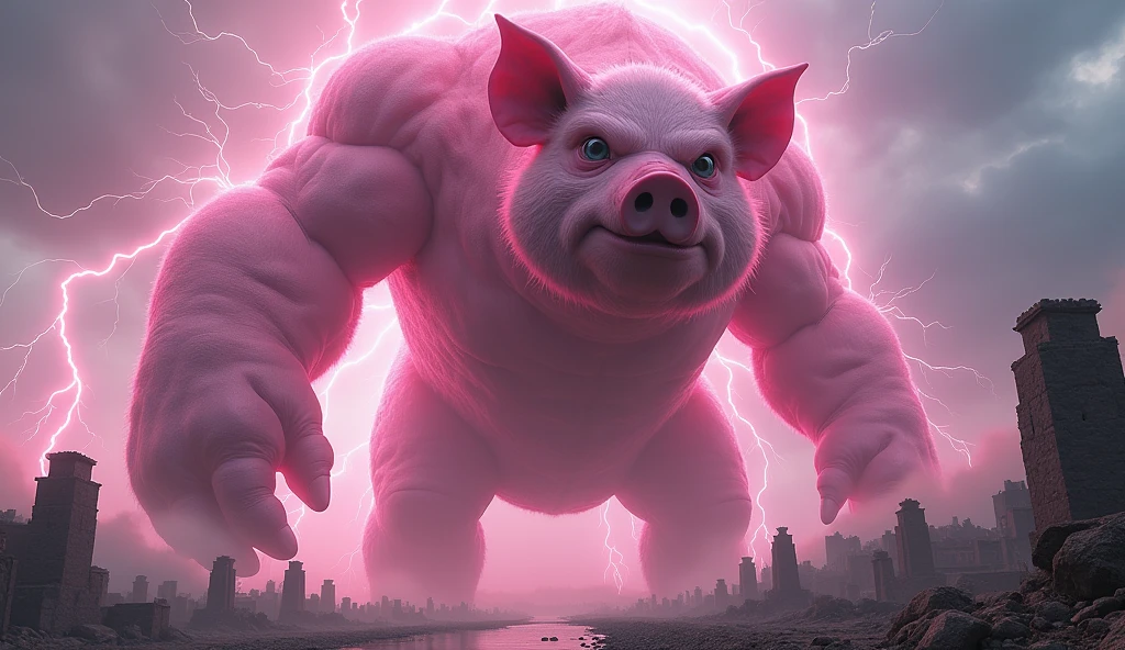 A pig, The color is pink, god화의monster, monster, It's so big it could swallow up a city., The whole body is enveloped in lightning and electricity., Ancient city background after war, It is 100m in size, god화속세상, high detail, 8k, photorealistic, hyper realistic, god