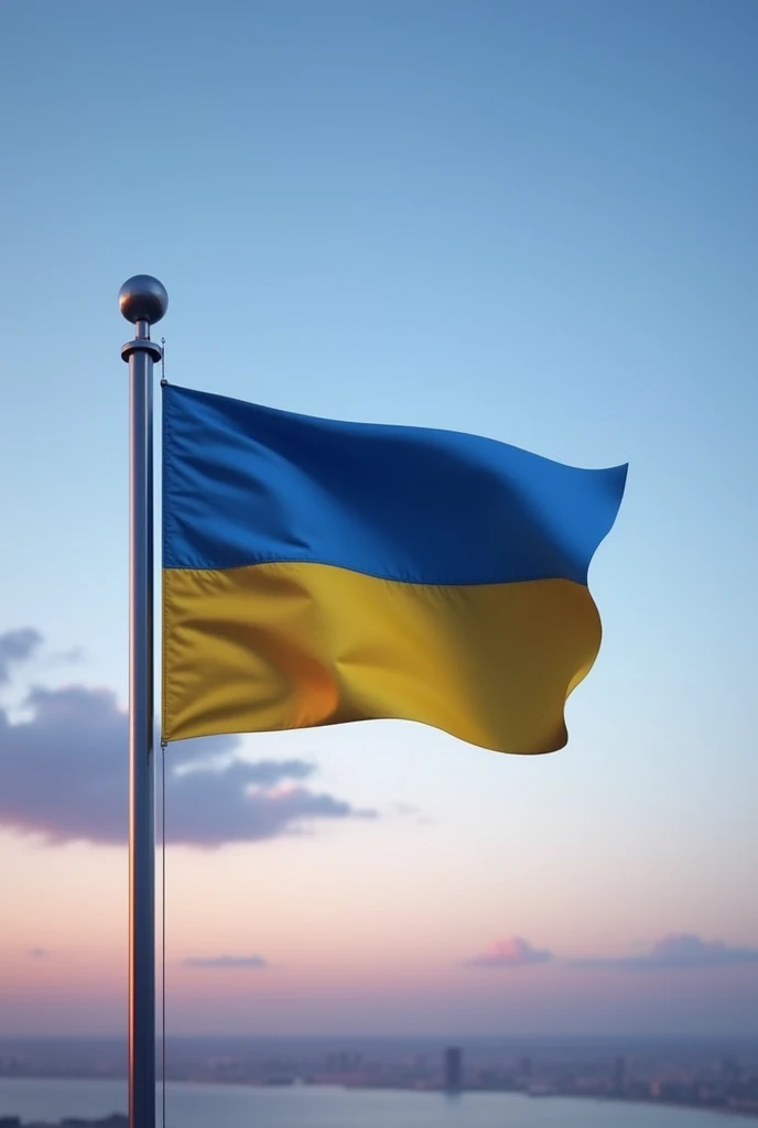 The flag of Chornomorsk, a blue-white-blue cloth, located vertically against the background of the evening sky.