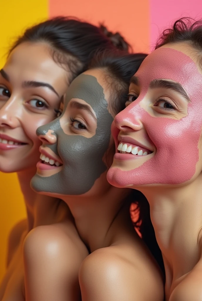 Creative playful Banner of four real models female with applied different face masks like coffee, charcoal, rose and rice