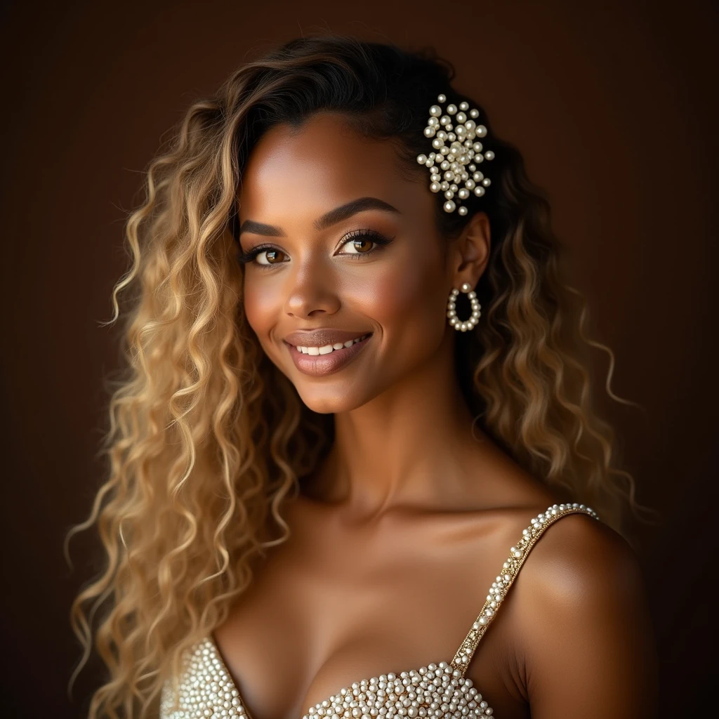She Smile, Toffee color skin, beautiful toffee mixed woman with long blond curly and extremely detailled clear yellow eyes, extremely face detailed, she wears beautiful she does a magnificent photo shoot ,she has a beautiful top made of white pearl, top made of pearls, she is beautiful, Chocolate brown background, She wears beautiful pearls in her hair