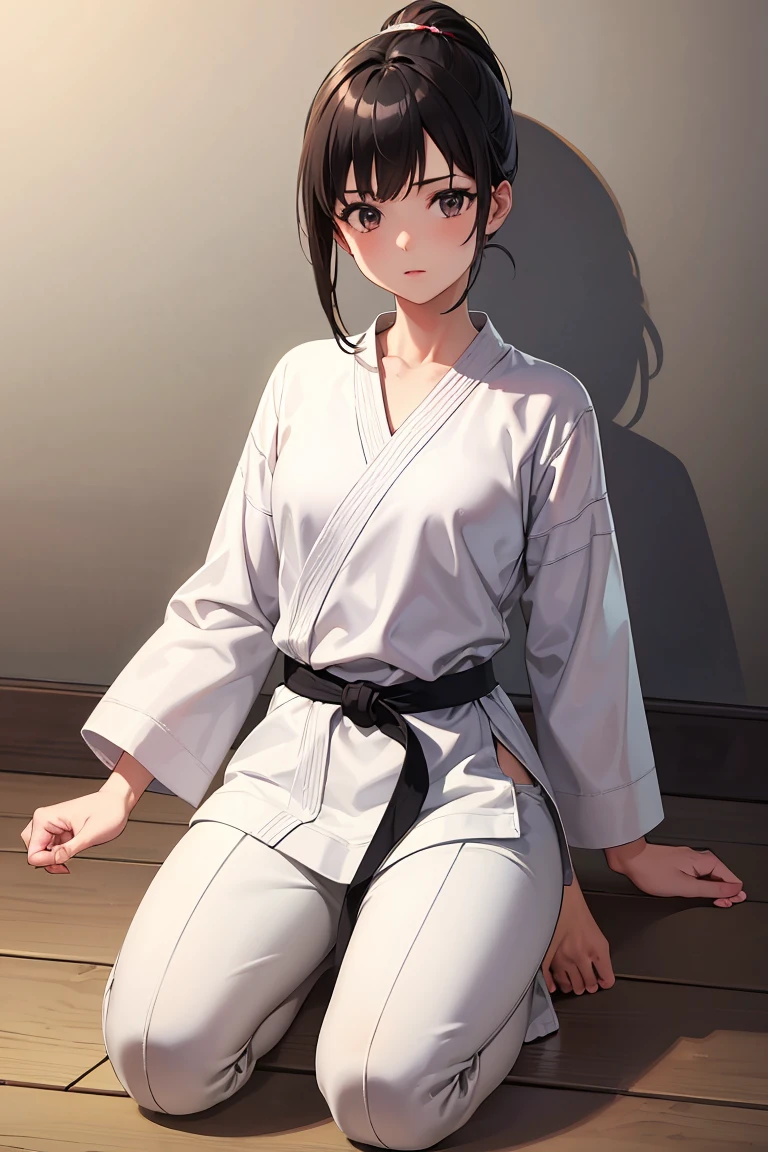 ((masterpiece, Highest quality, Very detailed, Very nice 8K CG wallpaper)), One girl, alone, Small breasts, Medium Hair, Black Hair, ponytail, Iris, Daugi, Long sleeve, Martial arts belt, White pants, barefoot, dojo, Sitting, seiza, Nice hands, Perfect hands,