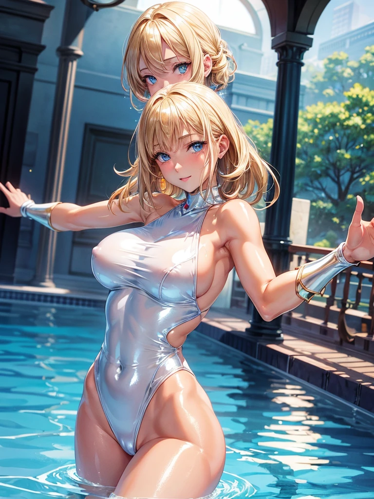 Anime style, super fine illustration, super clear illustration, highly detailed, beautiful detailed, super pale tone image, super delicate illustration, super calm & static image, static representation, gentle expression, 8k, pretty 1girl with blonde straight short hair & blue eyes & a bright smile & Big breasts & nipples & soft fair skin & (shiny skin : 1.8) is wearing the competitive swimsuit in the swimming pool, Olympic, happy stories, solo, perfect fingers, no more fingers, no less fingers, perfect arms, no more arms, no less arms, perfect legs, no more legs, no less legs, no more hair, no more clothes, masterpiece,