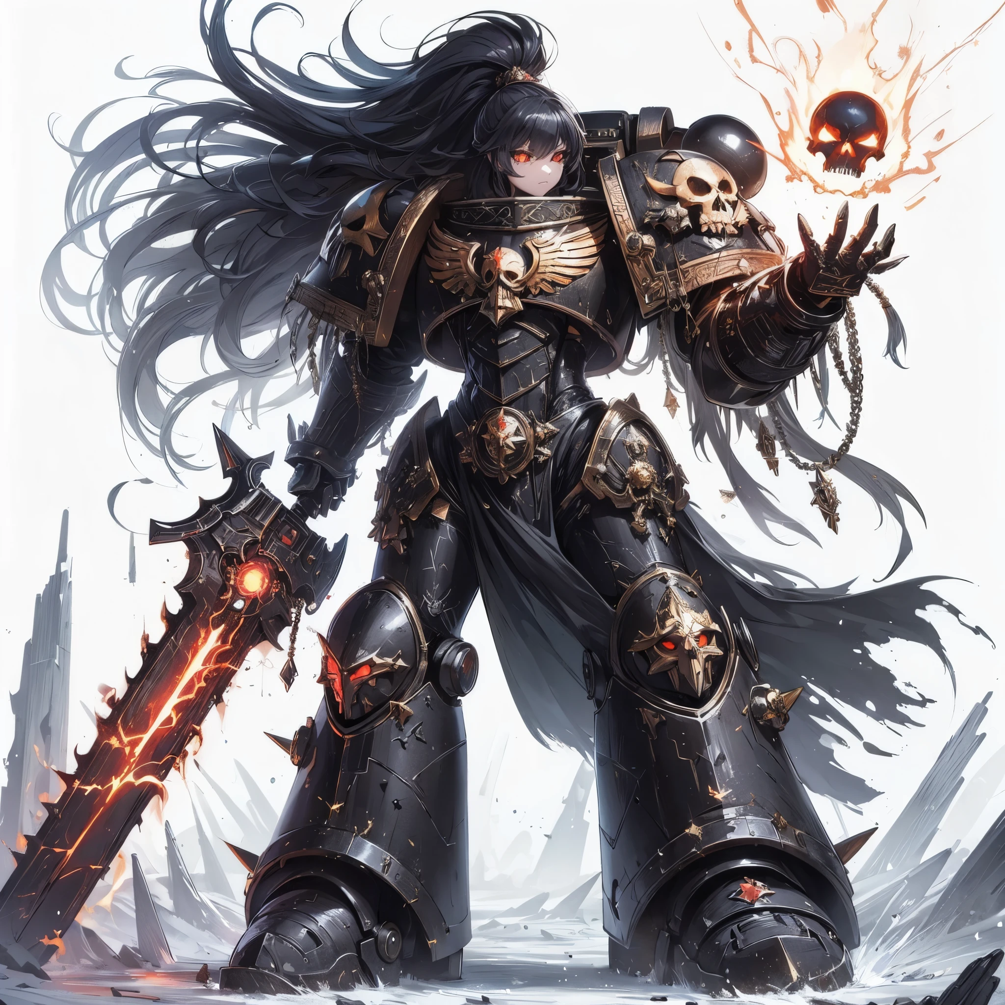 (Masterpiece, Top Quality), Ultra-Detailed, Anime like illustration Style, Solo, Full Length, Chaos space marine girl, Heavy laminated blackened terminator power armor with gold trim, skull symbol, black one top knot hairstyle and glowing red eyes, left hand held huge sword and light hand as GIANT HUGE claw, supernatural Lightning and flame, Warhammer 40K, ((Eight-pointed star symbol)), ultra-massive, muscular, white background, full body standing, standing on desolate ground
