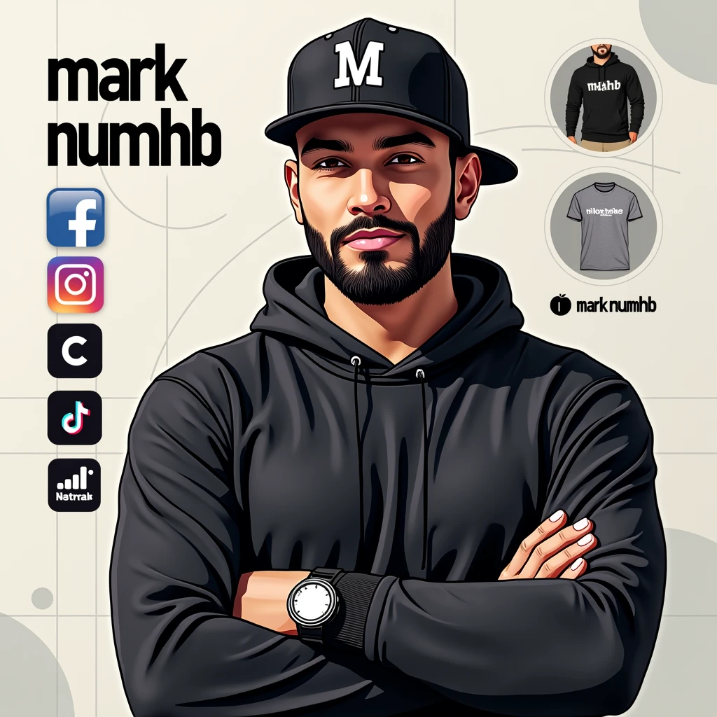 Create a social media cover photo for the marketer a beard and black basketball hat doing digital marketing with the logo "Mark Numhb " with facebook icon,Twitter icon ,instagram icon ,twitter icon and tiktok icon where the person completes the design and puts them Vectors, Vector T-shirts, Vector Cups, Vector Caps and Vector Hoodies Sell online