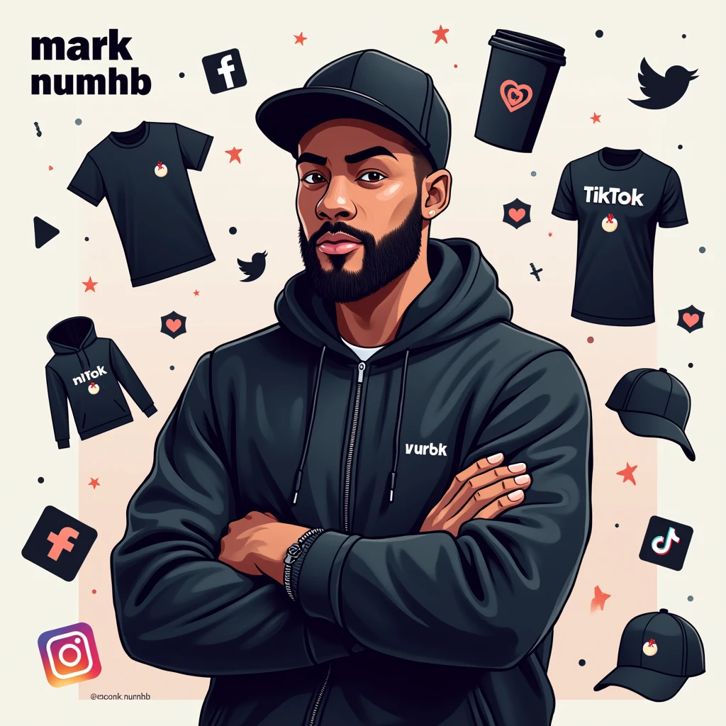  Create a social media cover photo for the marketer a beard and black basketball hat doing digital marketing with the logo "Mark Numhb " with facebook icon,Twitter icon ,instagram icon ,twitter icon and tiktok icon where the person completes the design and puts them Vectors, Vector T-shirts, Vector Cups, Vector Caps and Vector Hoodies Sell online 
