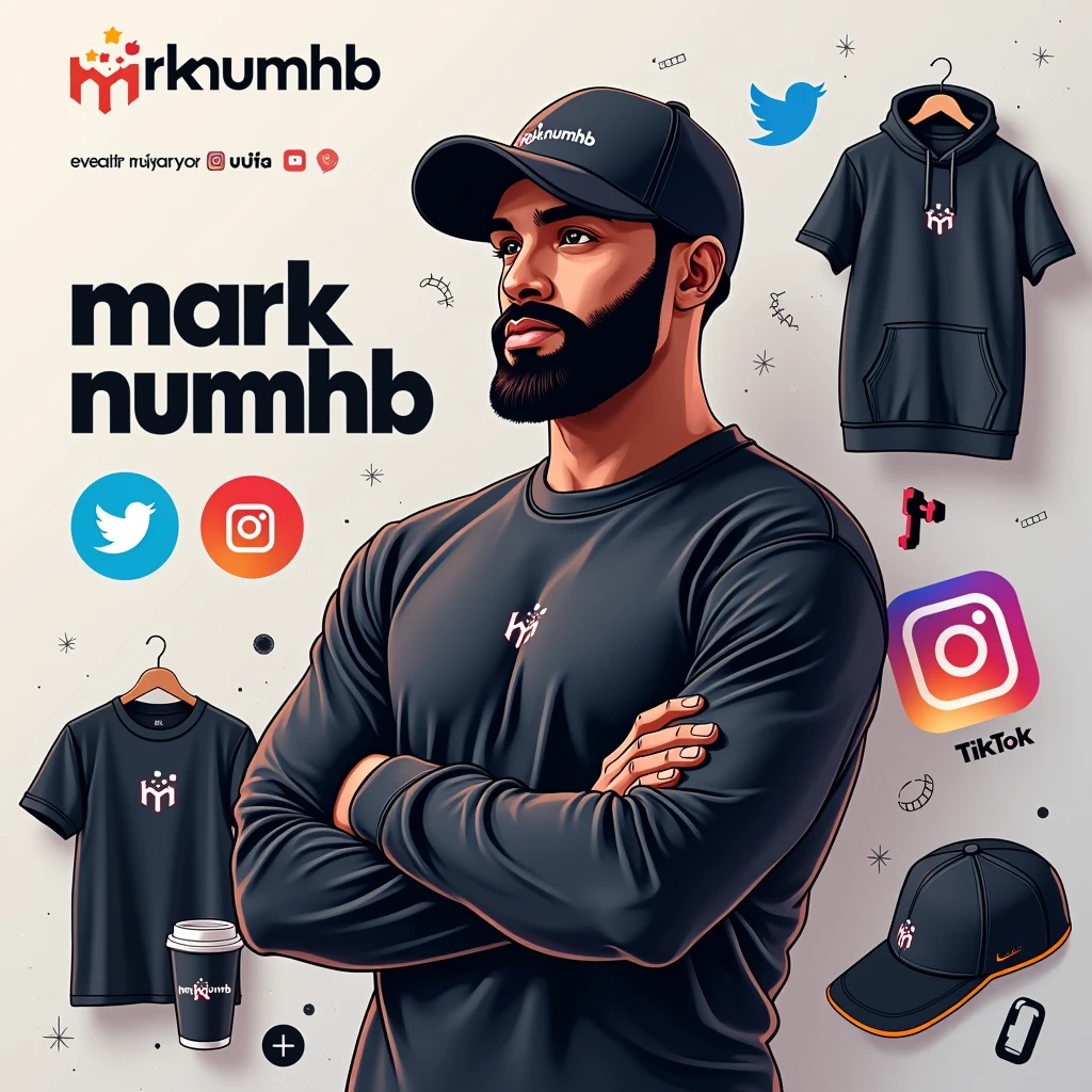 Create a social media cover photo for the marketer a beard and black basketball hat doing digital marketing with the logo "Mark Numhb " with facebook icon,Twitter icon ,instagram icon ,twitter icon and tiktok icon where the person completes the design and puts them Vectors, Vector T-shirts, Vector Cups, Vector Caps and Vector Hoodies Sell online
