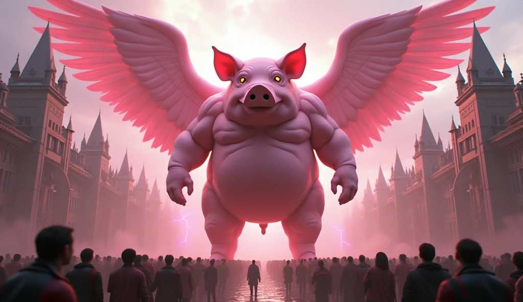 A pig, The color is pink, So big it could swallow a poem, Holy, Seongsu, Stand on two legs, muscular body, Spreading the angel's wings., A cat with a human face, Wearing the armor of a medieval emperor,The size of a city , Rich medieval ancient city background, It is 100m in size, god화속세상, high detail, 8k, photorealistic, hyper realistic, god, Electricity surrounds the body, The eyes glow yellow., The crowd is bowing down to him..