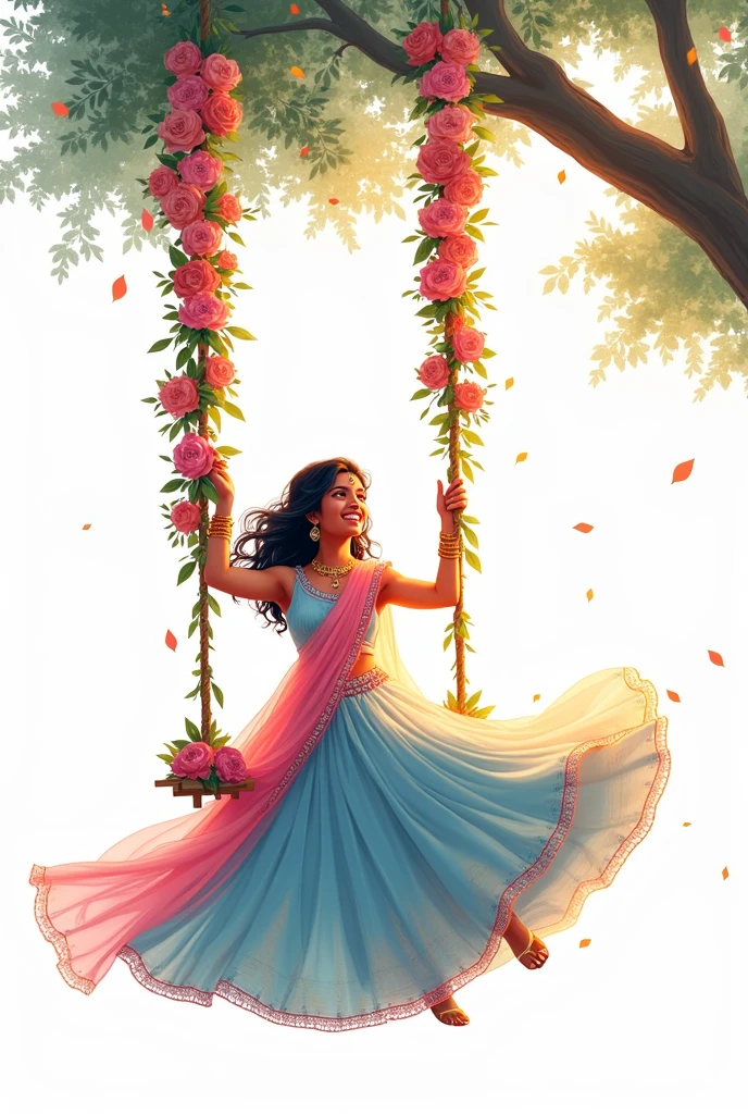 One teej vector image bride in pink and sky lehenga women ready swinging hanging in a tree with white background, decorative swing with flowers