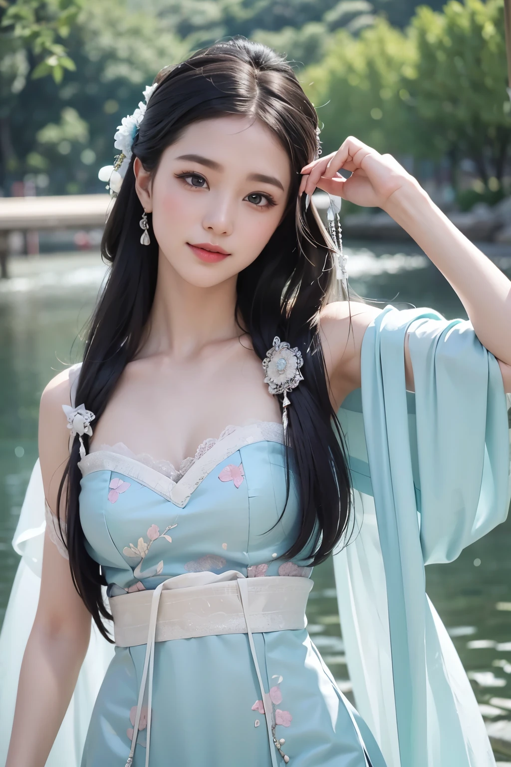 1 girl,exquisite,light smile,Dancing on the lakeside,white color|Turquoise Hanbok,Tulle Hanfu Beauty,delicate pattern,Silk satin reflective,Textured clothes Glossy shiny skin,ray tracing,
best quality,masterpiece,(realistic:1.4),raised to be sexy