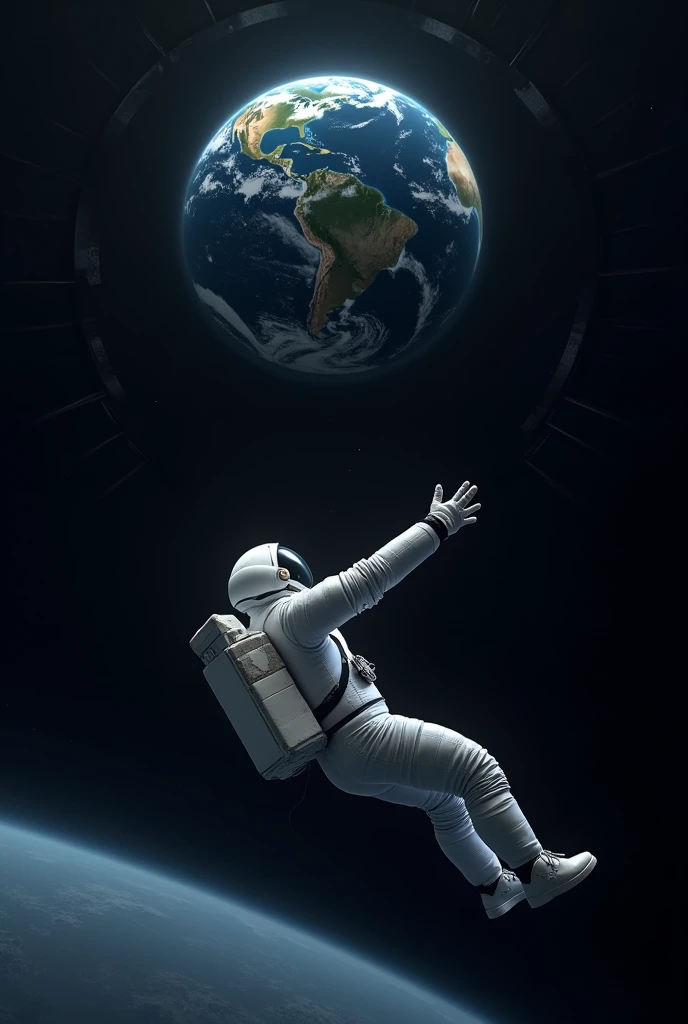 An astronaut floating in space, with the Earth in the background. Show the astronaut stretching, with a line indicating the growth in height, to illustrate the fact.