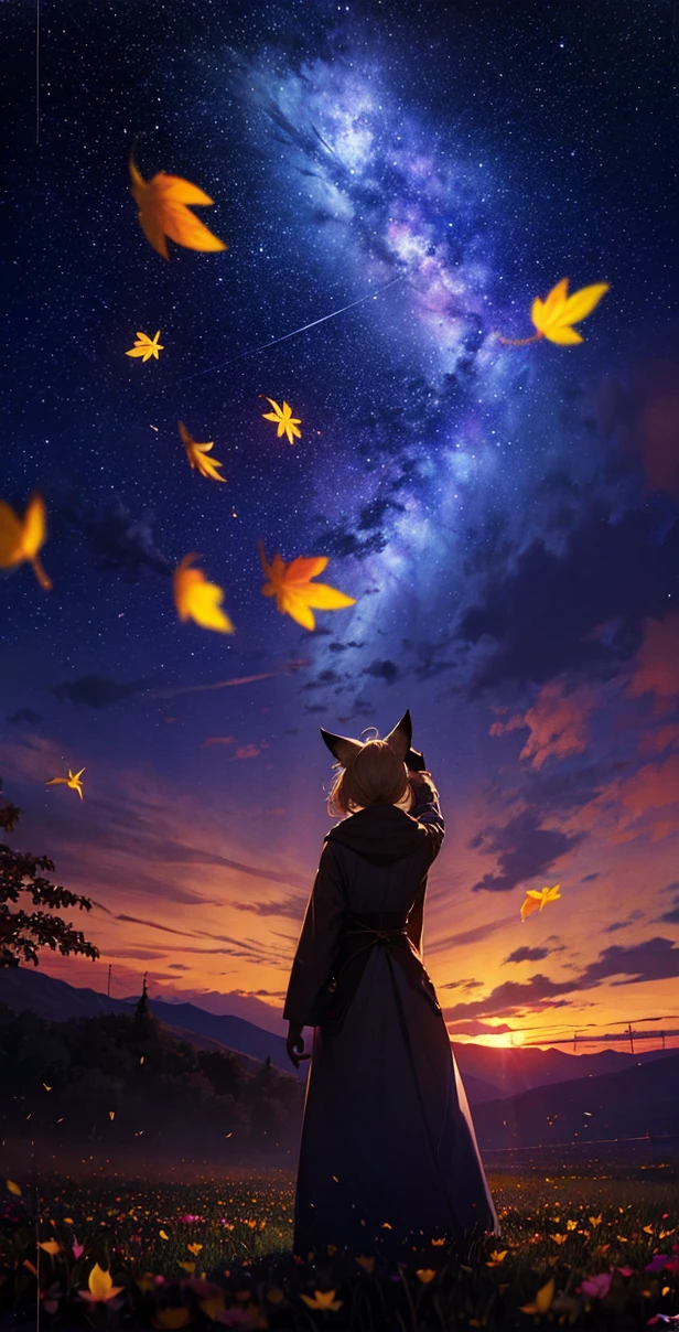 1people々々々々々々々々々,Woman with medium length blonde hair,Fox Ears,Long coat,Takageta, Dress Silhouette, Rear View,Space Sky, Full moon background,Flower Field,Colorful flowers,Dancing Petals,autumn,autumn leaves,