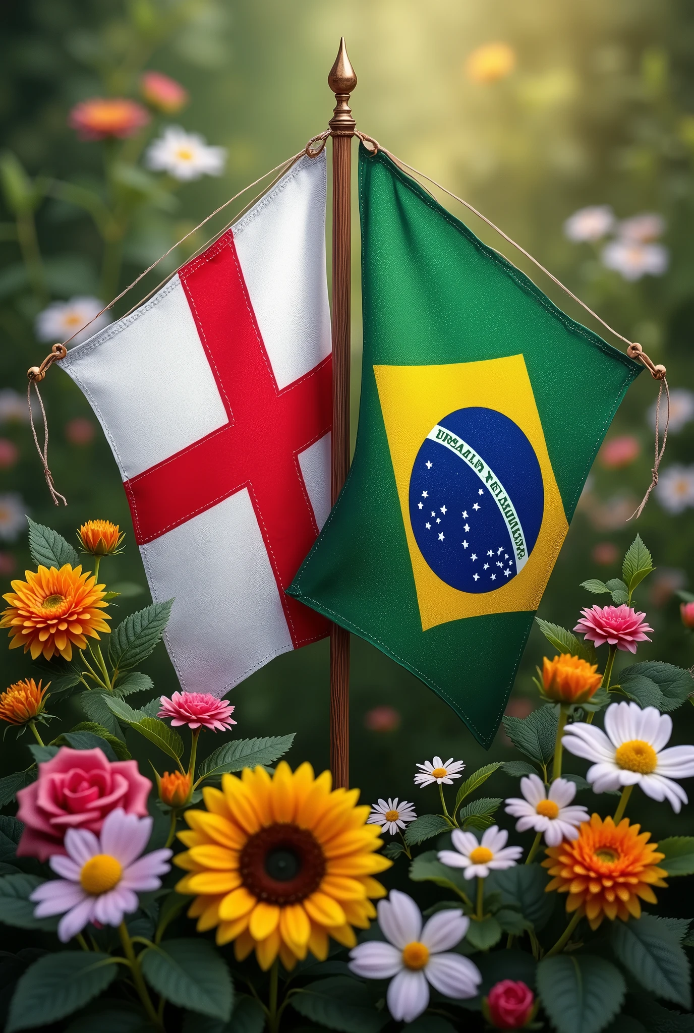 English and Brazilian flag with a charming floral theme