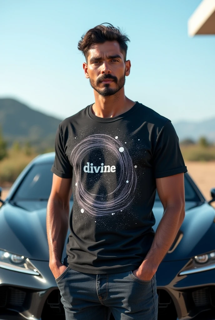 Create an image of a man standing confidently in front of a sleek, modern car. He is wearing a vibrant, eye-catching t-shirt with a divine or celestial design, featuring stars, planets, or other cosmic elements. The setting is outdoors, with a clear sky and soft, natural lighting that highlights both the boy's expression of pride and the car's polished exterior." write divine in his chest