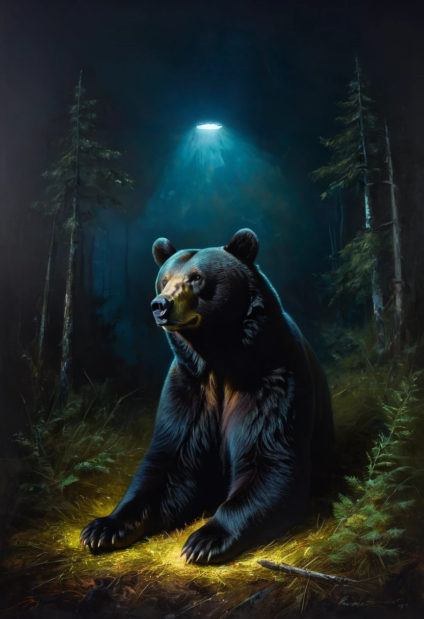 painting of a the bear is lying in the clearing, dark atmosphere, cinematic scene, volumetric lights, ultra realistic, in the style of nicola samori