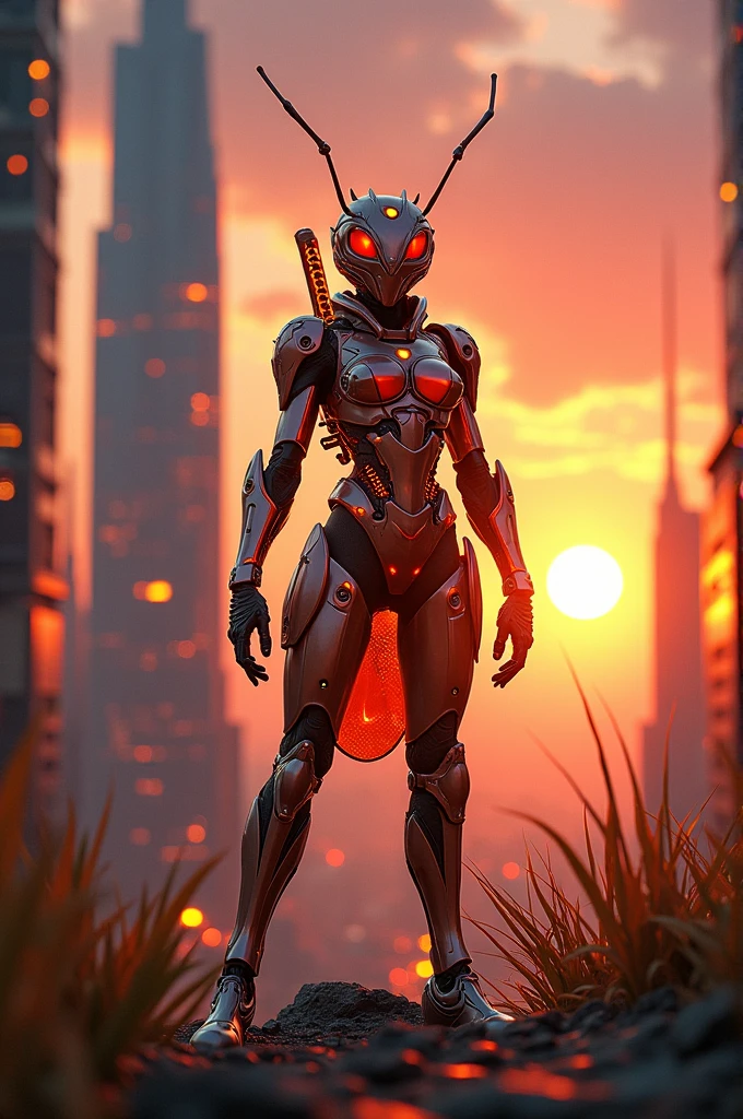 Fire ant in glossy cyber costume standing between sky caper and sunset