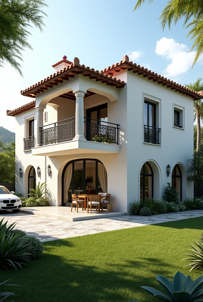 Draw a complete picture of a modern house design inspired in a very little bit of Spanish architecture using 2 point perspective in drafting