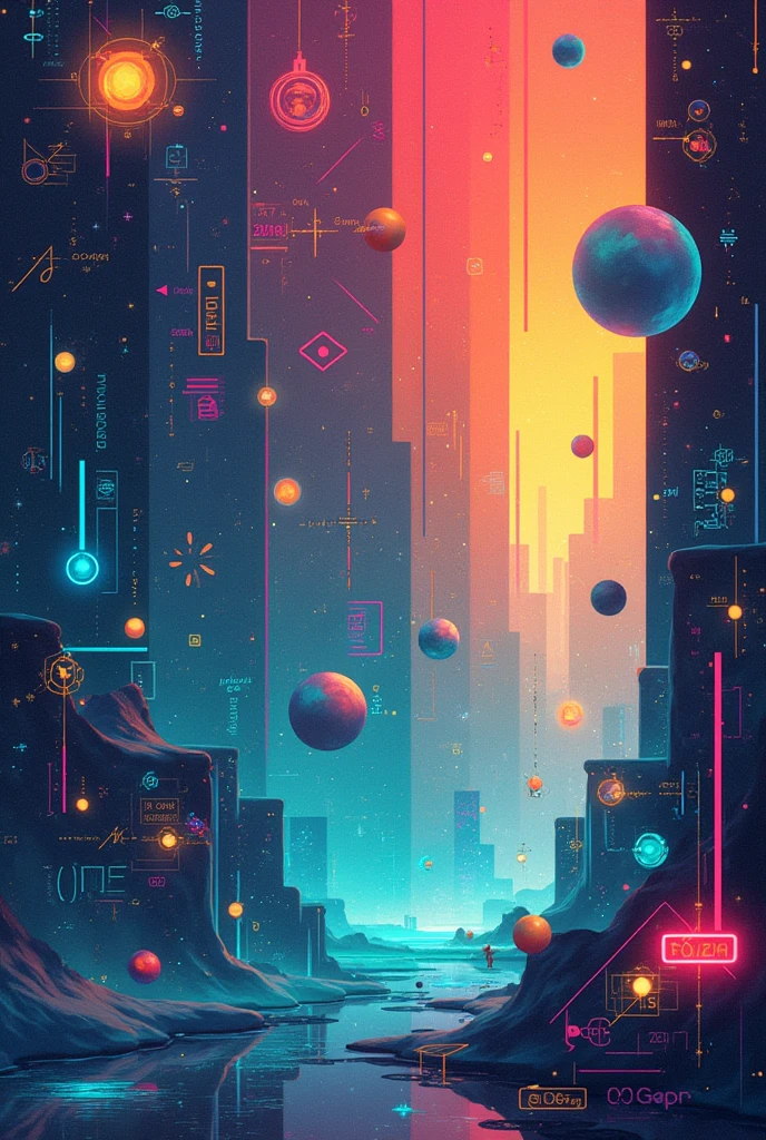 A colorful background with mathematical formulas and geometric graphics for the science fair