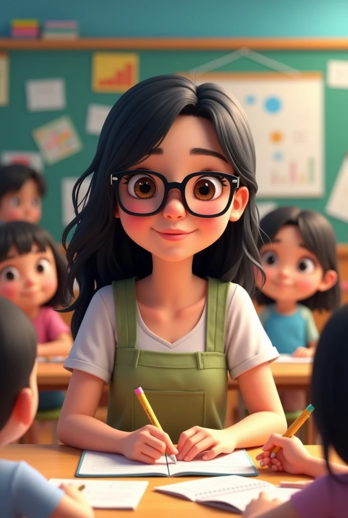 A black-haired female teacher, clear skin, Brown eyes, black plastic glasses, young, loose hair, animation type, with students, he would be