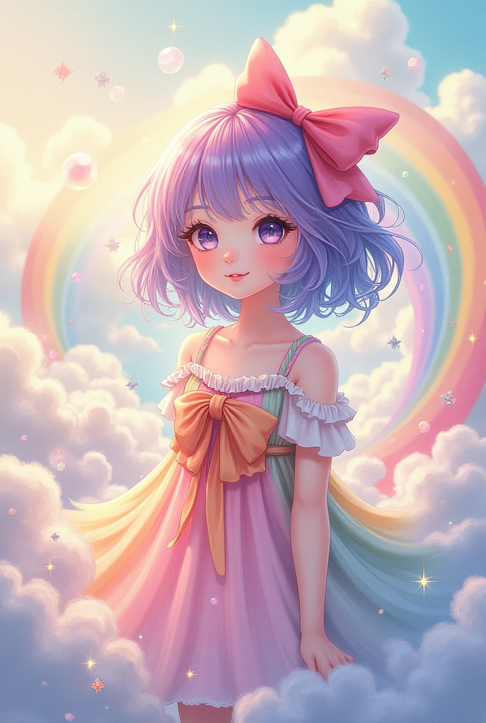夢のようにcute、pale、Moya、(masterpiece、highest quality、highest quality、good anatomy、watercolor painting)、official art、(beautiful and aesthetic:1.2)、(rainbow colored hair、colorfulな髪:1.2)、colorfulなドレス、Soap bubbles、Rainbow behind、cloud、colorful、Hair spreads throughout、cute、pastel、big ribbon、spark、CM for carbonated beverages