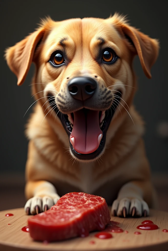 The dog is sitting in front of the meat and the dog is salivating with its lips