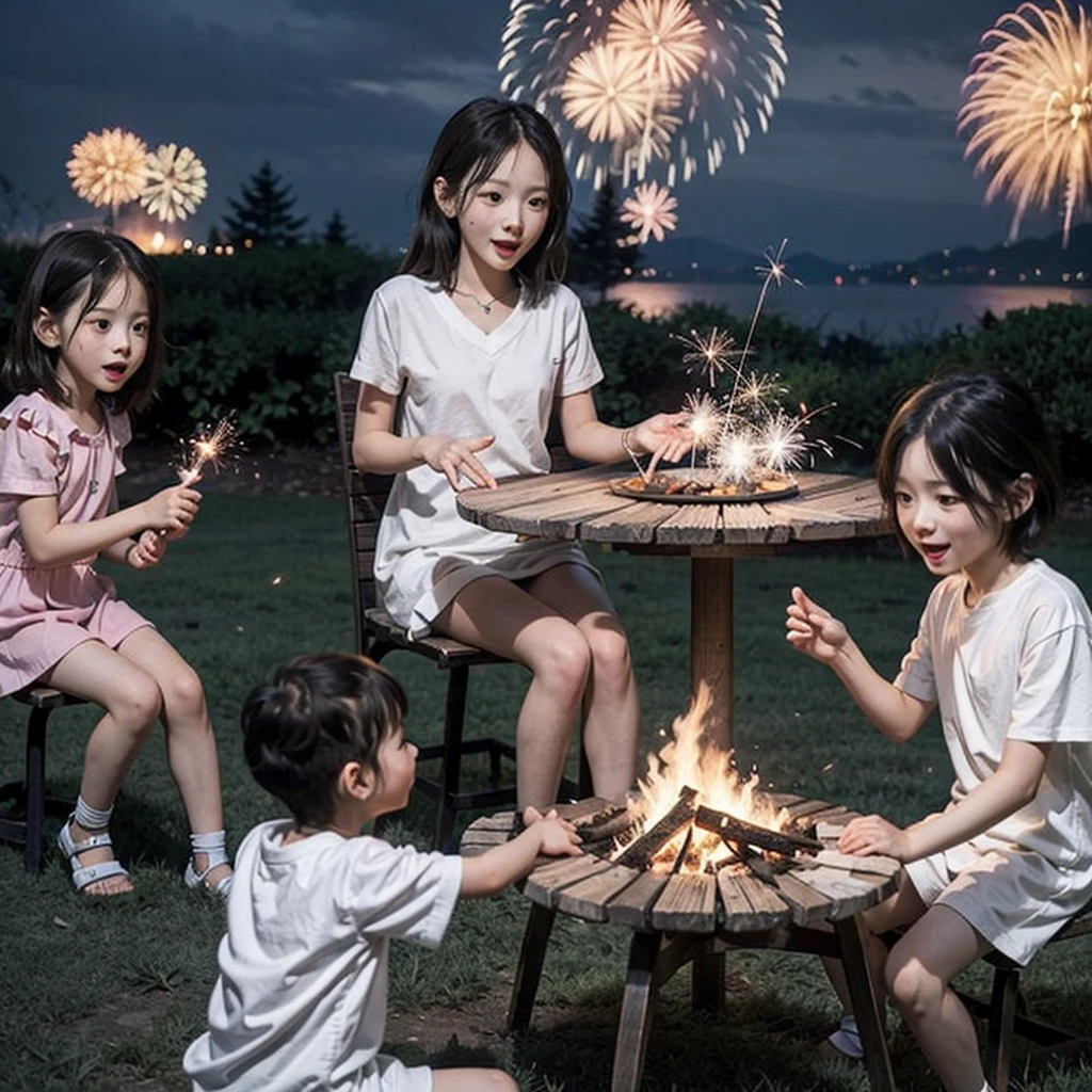 Children playing with balloon, butterfly and making camp fire, playing with fireworks in happy new year party