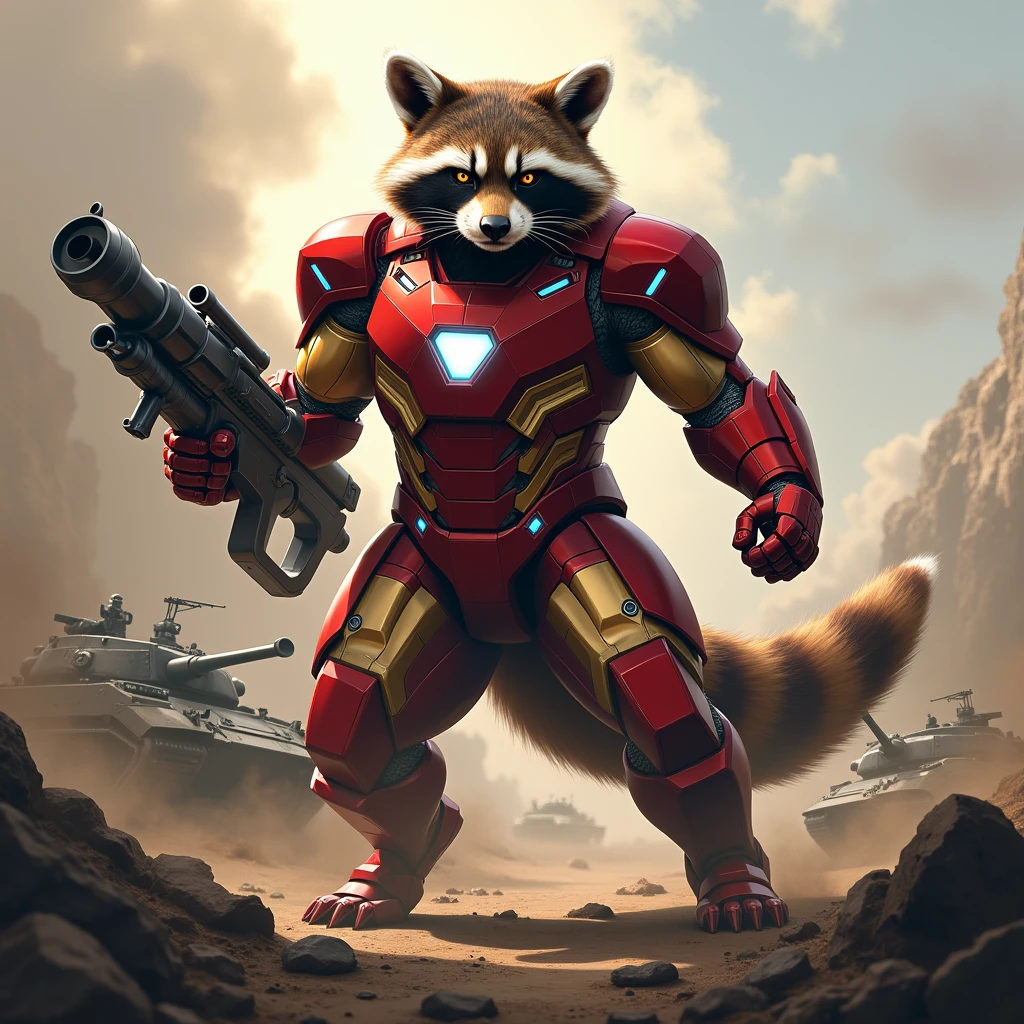 a tall raccoon with flaming eyes wearing the iron man uniform in a war zone with tanks in the background holding a powerful weapon exuding a victorious aura