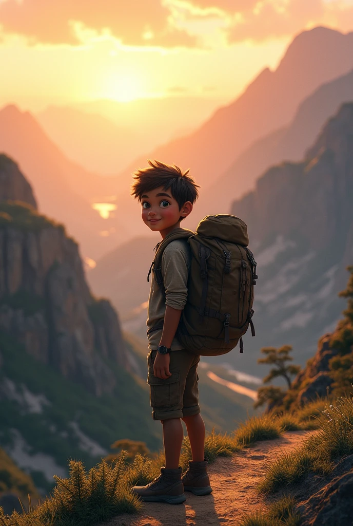 A young adventurer with a backpack on his back, standing on the edge of a mountain trail, Looking to the horizon with determination, At the sunset.He is sweaty and dusty, but with a smile on his face. Your expression conveys confidence as you speak., ready to take on the next step of your journey.