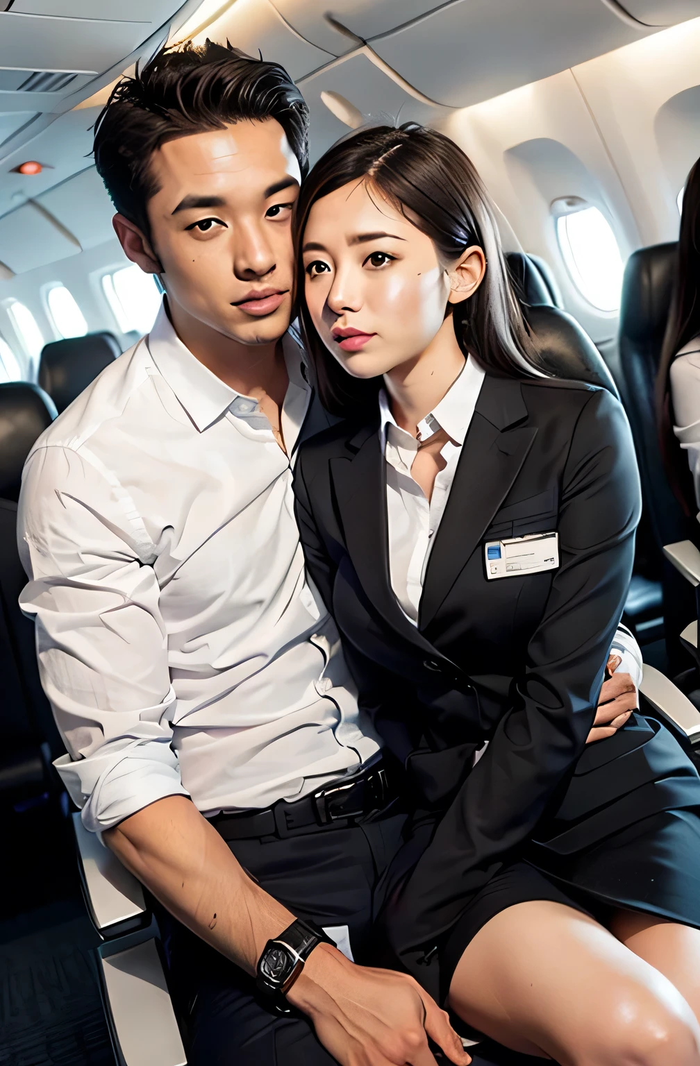 A female flight attendant holds a man&#39;s crotch and stares at him、Around 40 and long face、tall、blush、Seduce、High definition、Depth of written boundary、Adult face、Long face、Half-open eyes、blank stare、Troubled expression