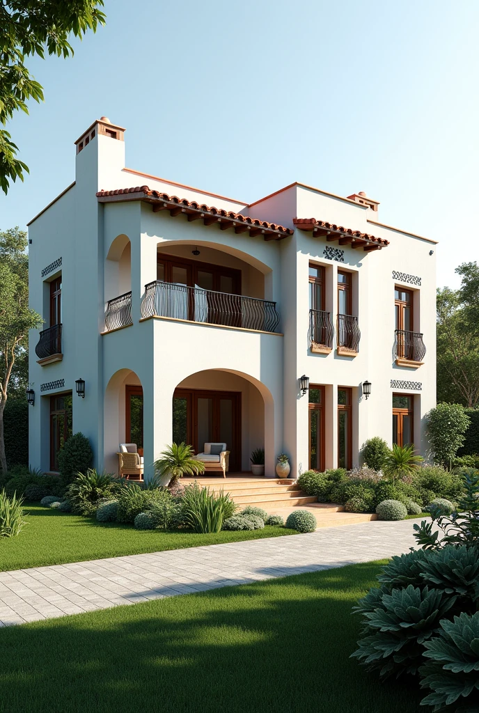 Draw a complete picture of a modern house design inspired in a very little bit of Spanish architecture using 2 point perspective in drafting 