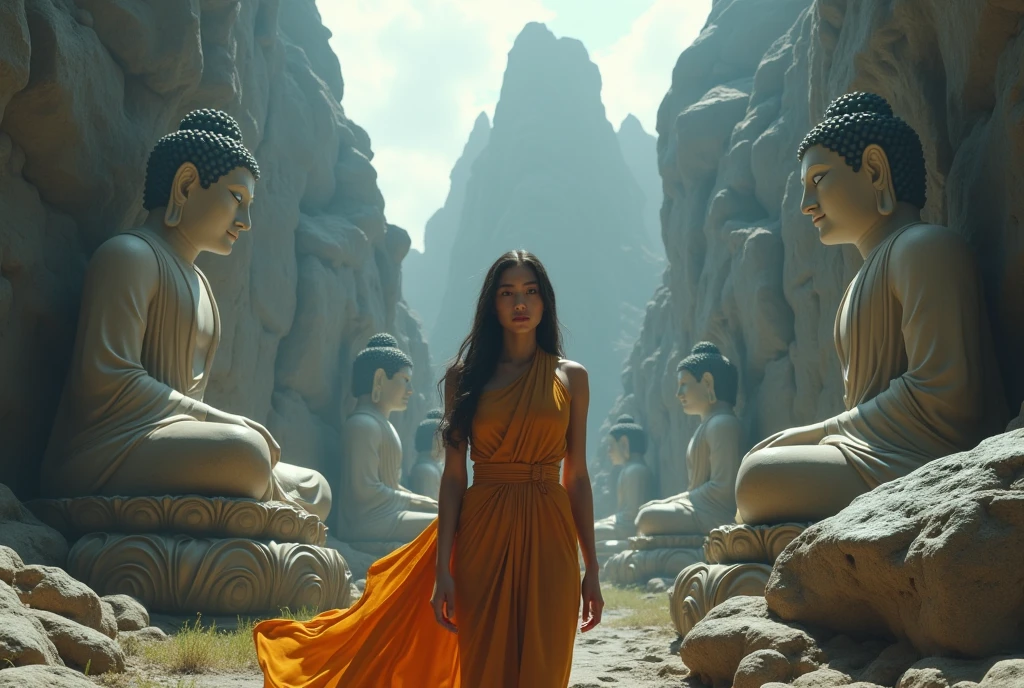 ((masterpiece, highest quality, Highest image quality, High resolution, photorealistic, Raw photo, 8K)), ((Extremely detailed CG unified 8k wallpaper)), (huge stunning goddess shot, very hot and sexy, jaw-dropping beauty, perfect proportions, beautiful body, slim body beauty:1.4), Huge stone Buddha statues carved out of rocky mountains, stone Buddha statues, beautiful faces, view from below,