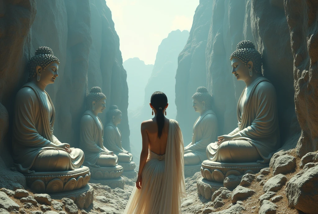 ((masterpiece, highest quality, Highest image quality, High resolution, photorealistic, Raw photo, 8K)), ((Extremely detailed CG unified 8k wallpaper)), (huge stunning goddess shot, very hot and sexy, jaw-dropping beauty, perfect proportions, beautiful body, slim body beauty:1.4), Huge stone Buddha statues carved out of rocky mountains, stone Buddha statues, beautiful faces, view from below,
