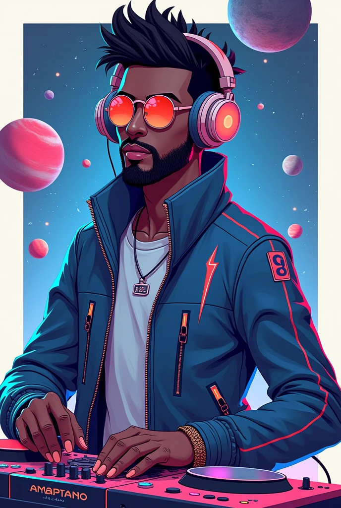 (photorealism:1.2), Create a modern, minimalistic, and cartoonish illustration of ‘Celestial Sbu,’ an amapiano DJ with a cosmic theme. The character should embody the essence of space exploration, with elements like stars, planets, and constellations subtly integrated into the design. Celestial Sbu should be depicted wearing futuristic DJ gear, such as headphones and a stylish jacket, with a sleek, modern look. The background should hint at the cosmos with abstract, dark, and starry elements, while maintaining a clean and minimalistic aesthetic. The overall vibe should be energetic, yet calming, capturing the fusion of amapiano music and a celestial journey.