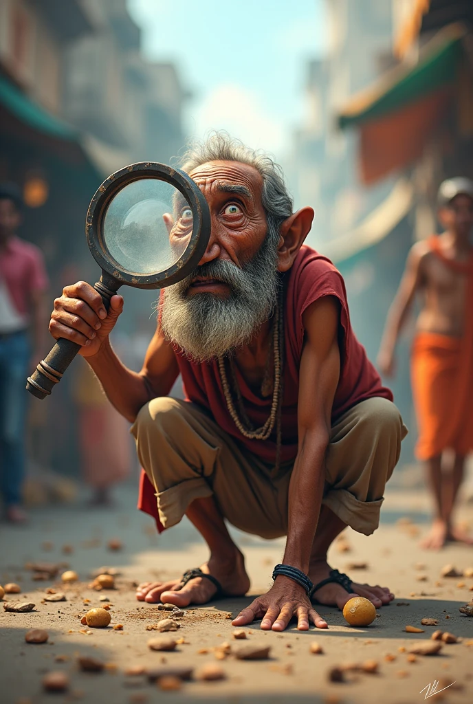 Hindu indigente with a magnifying glass looking for something in a very funny way