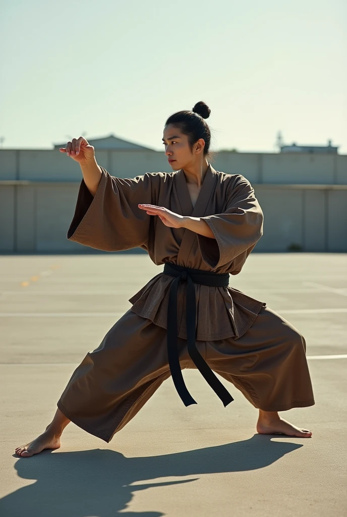 japanese man wearing a kariginu kimono doing a karate pose on an empty parking lot