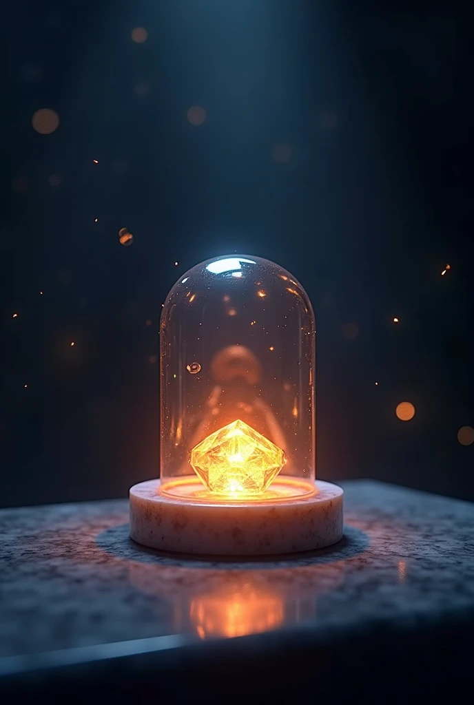 Located in the center of the marble base, There is a small square glass box inside.,There's a sparkling gem inside., Gemstones sparkle, Light up the dark room..