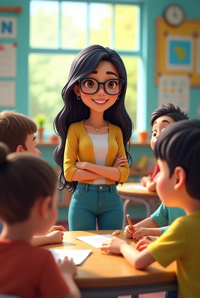 A black-haired female teacher, clear skin, Brown eyes, black plastic glasses, loose hair, animation type, with students, he would be