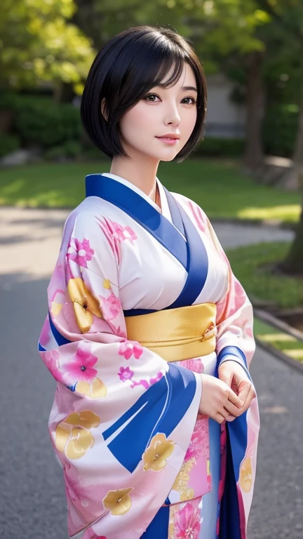 Drawing a beautiful AI girl wearing a gorgeously designed Japanese kimono。She has short black hair、She has a sexy, mature and attractive vibe.、Have golden ratio facial features。Her short hair flows naturally in the wind.。Draw the whole body。Ultra-realistic。